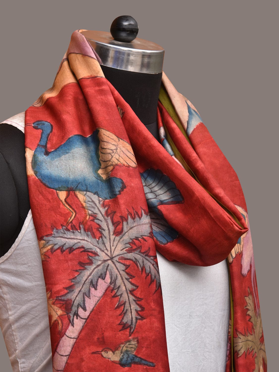Red Kalamkari Hand Painted Kanchipuram Silk Handloom Dupatta with Mountains and Birds Design ds3488