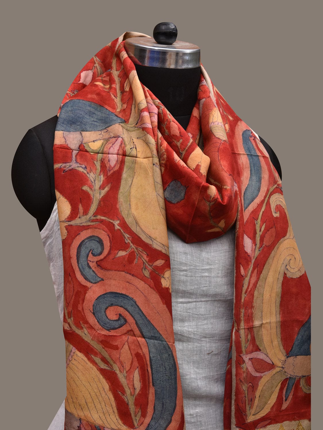 Red Kalamkari Hand Painted Kanchipuram Silk Handloom Dupatta with Peacocks Design ds2765