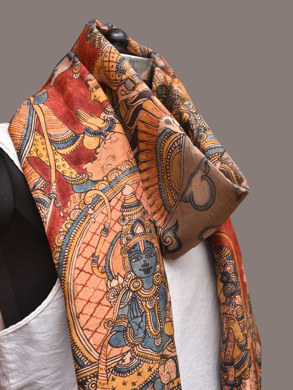 Red Kalamkari Hand Painted Kanchipuram Silk Handloom Dupatta with Ramayana Design ds3380
