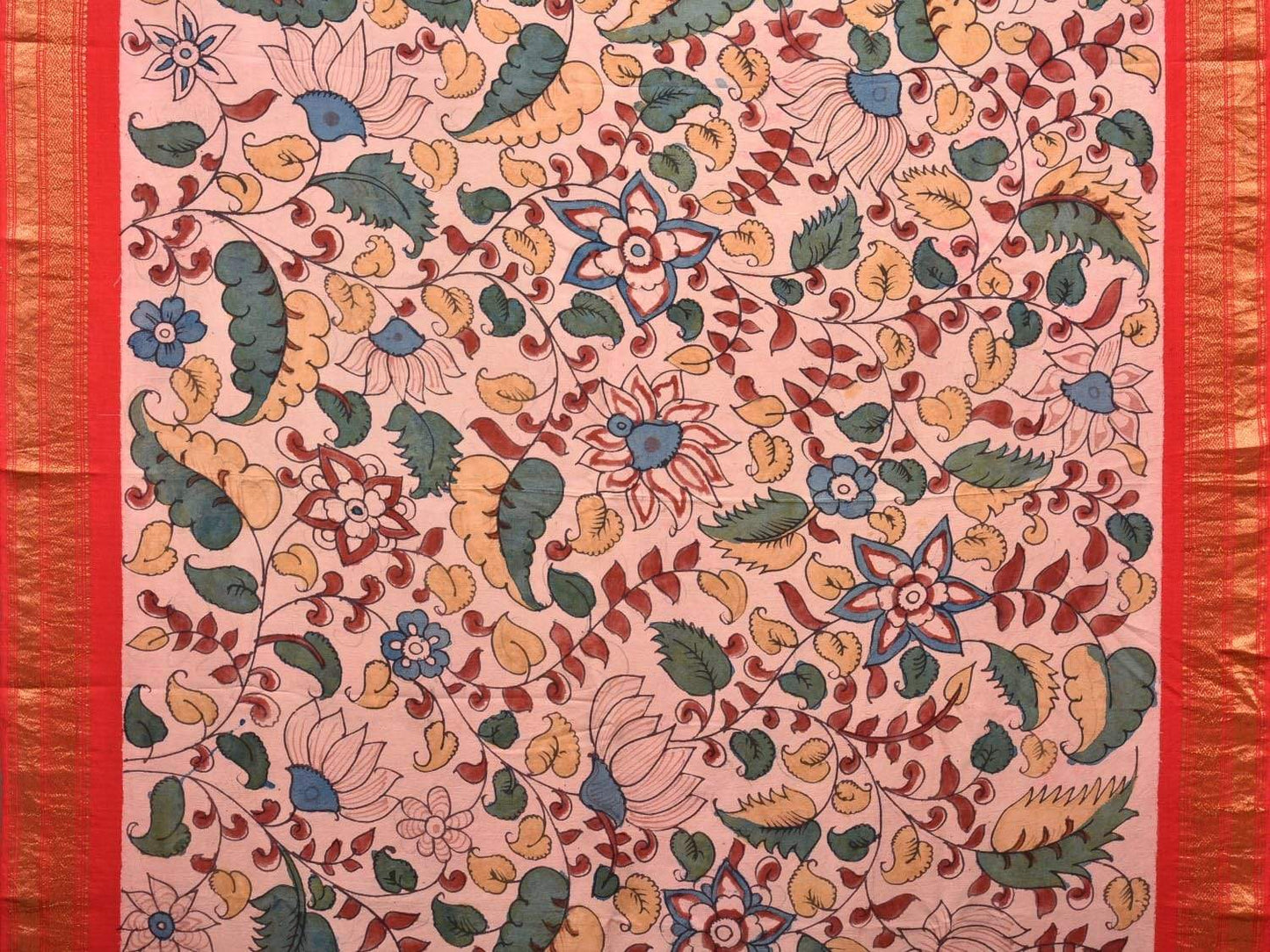 Red Kalamkari Hand Painted Kanchipuram Silk Handloom Saree with Floral Design KL0470