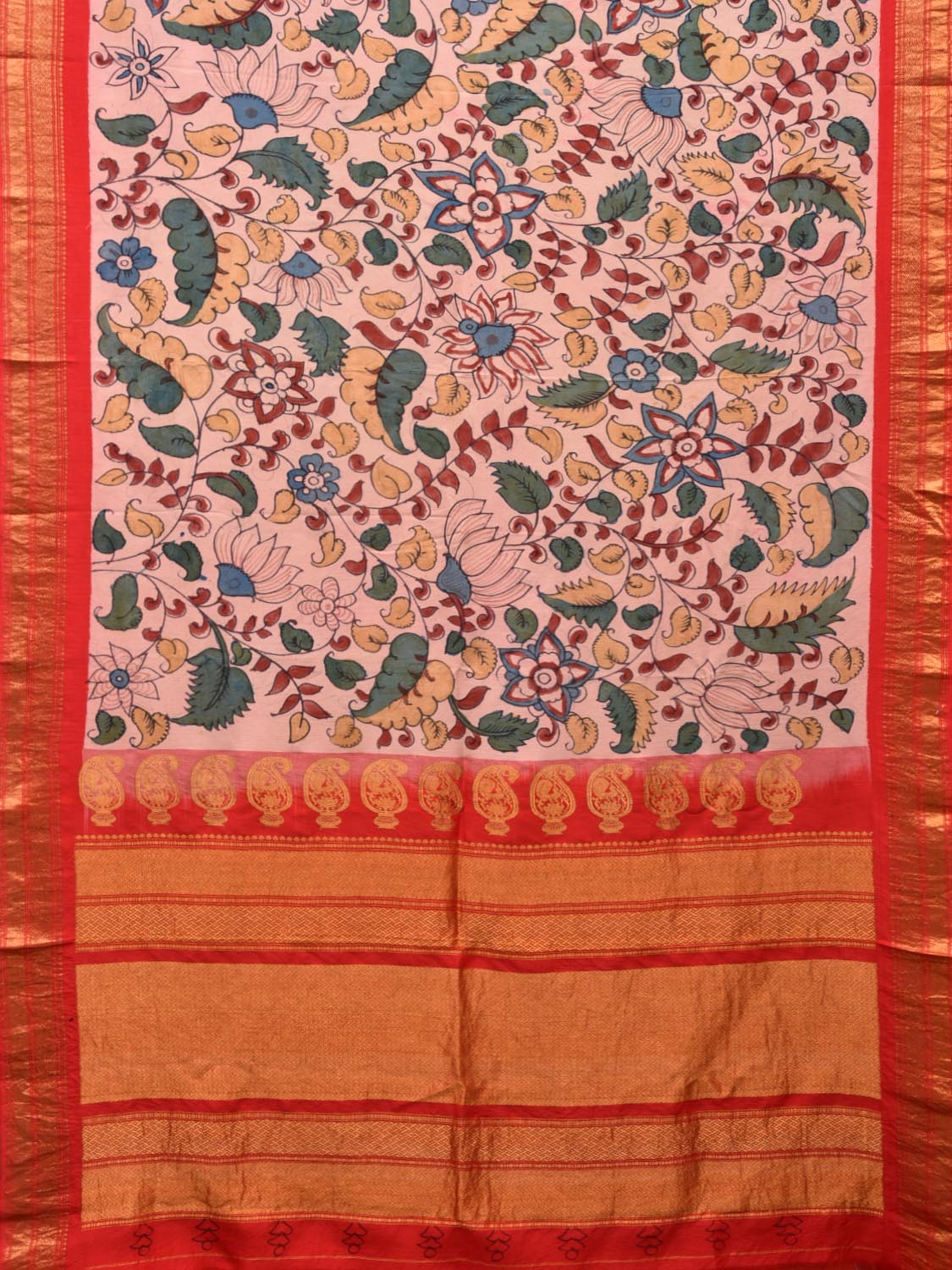Red Kalamkari Hand Painted Kanchipuram Silk Handloom Saree with Floral Design KL0470
