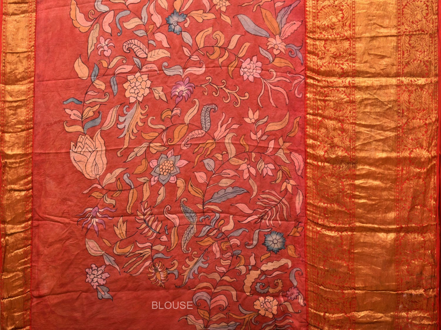 Red Kalamkari Hand Painted Kanchipuram Silk Handloom Saree with Floral Design KL0730