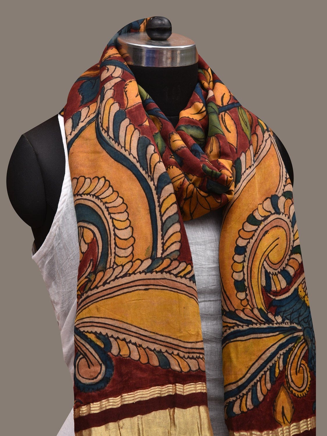 Red Kalamkari Hand Painted Satin Silk Handloom Dupatta with Peacocks and Floral Design ds2648