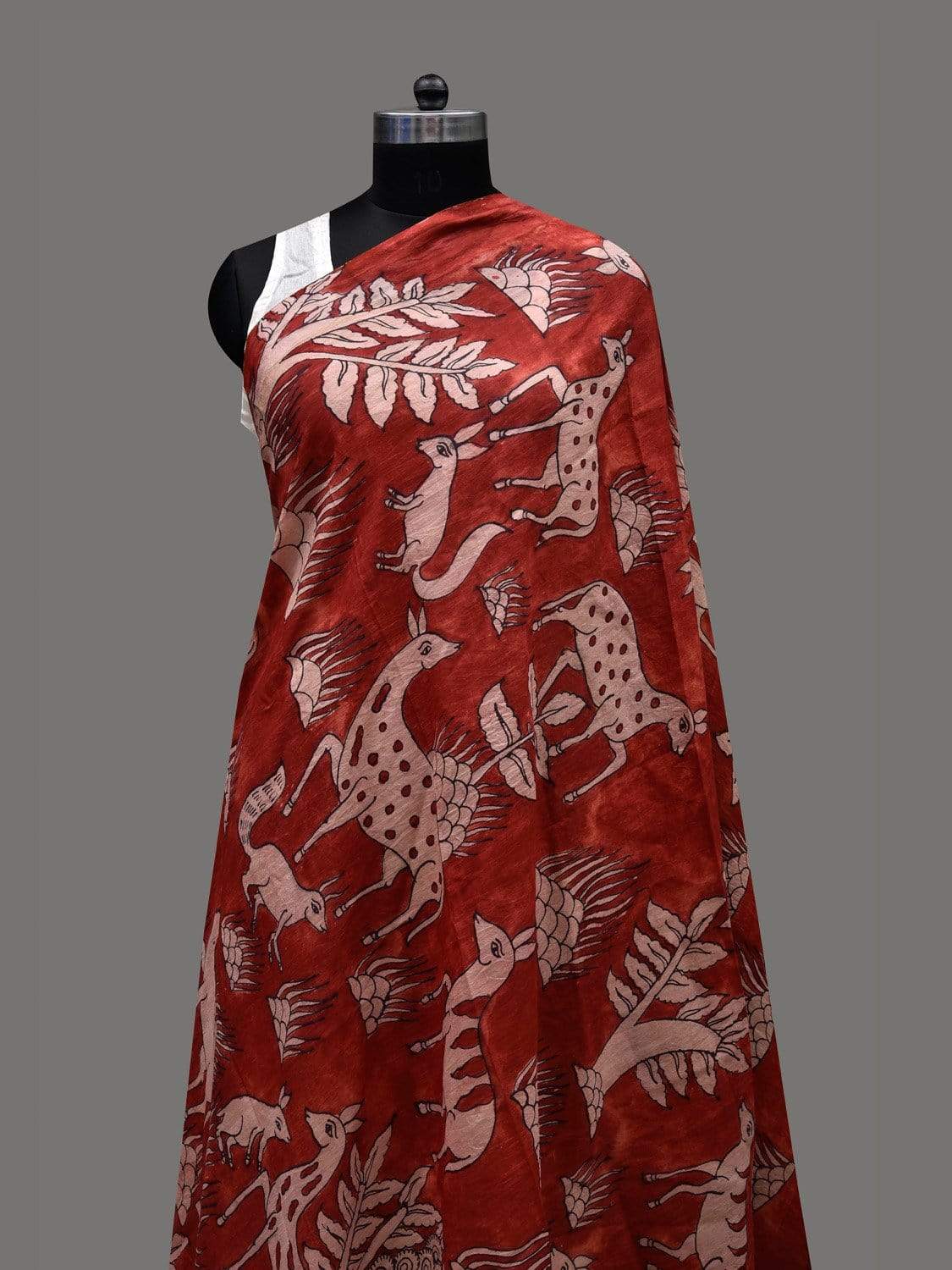Red Kalamkari Hand Painted Silk Handloom Dupatta with Animals Design ds2410