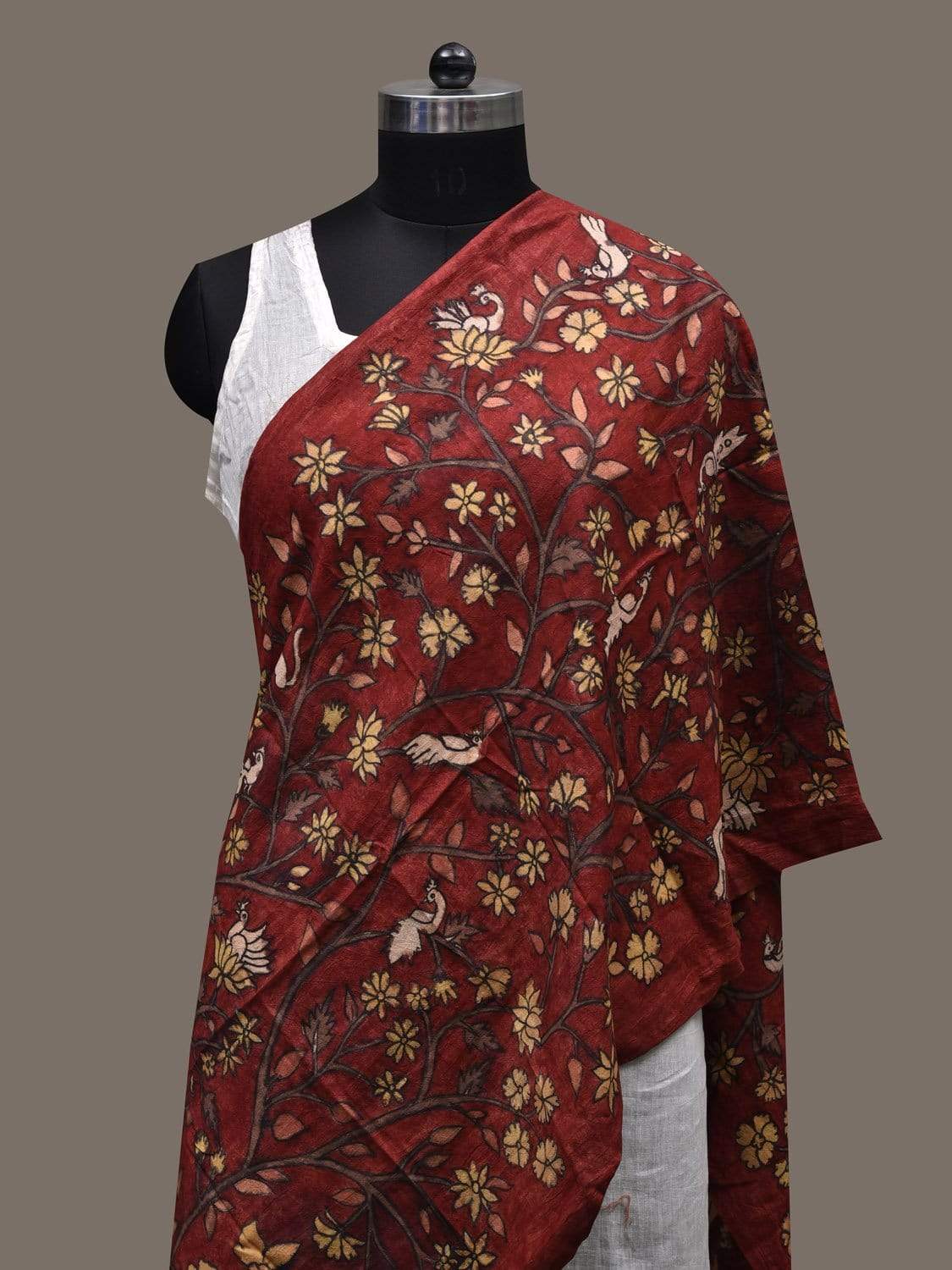 Red Kalamkari Hand Painted Silk Handloom Stole with Floral and Birds Design ds2465