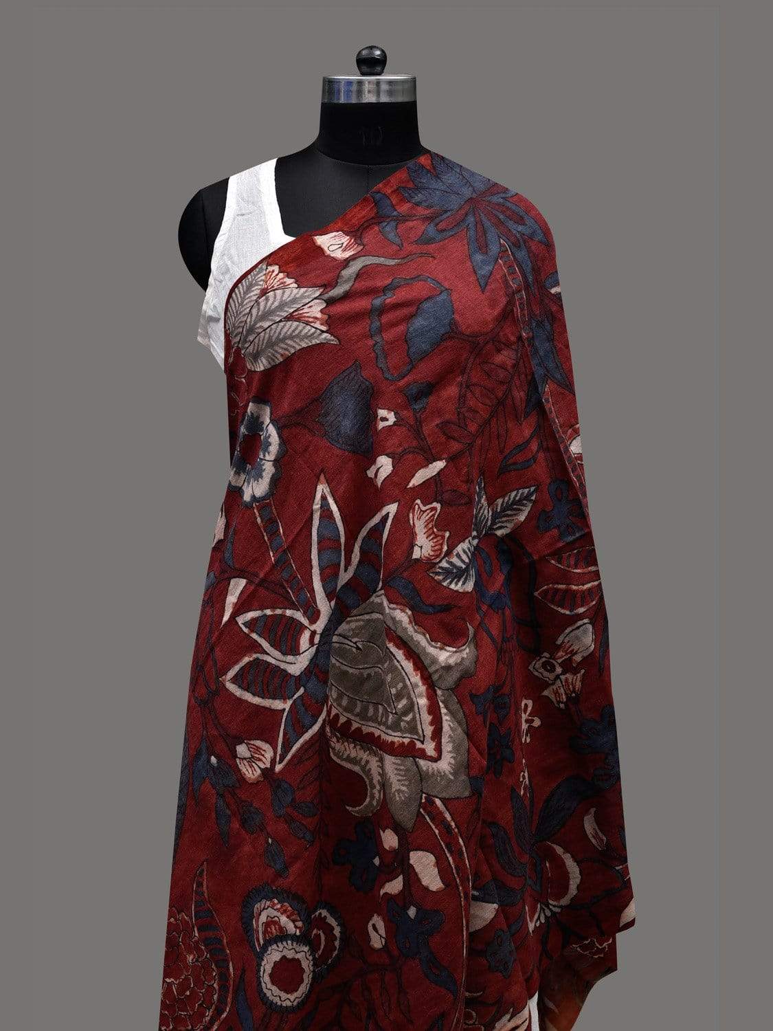 Red Kalamkari Hand Painted Silk Muga Handloom Dupatta with Big Floral Design ds2403