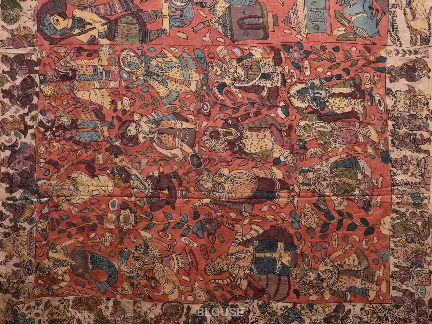 Red Kalamkari Hand Painted Silk Saree with Krishna Design KL0780