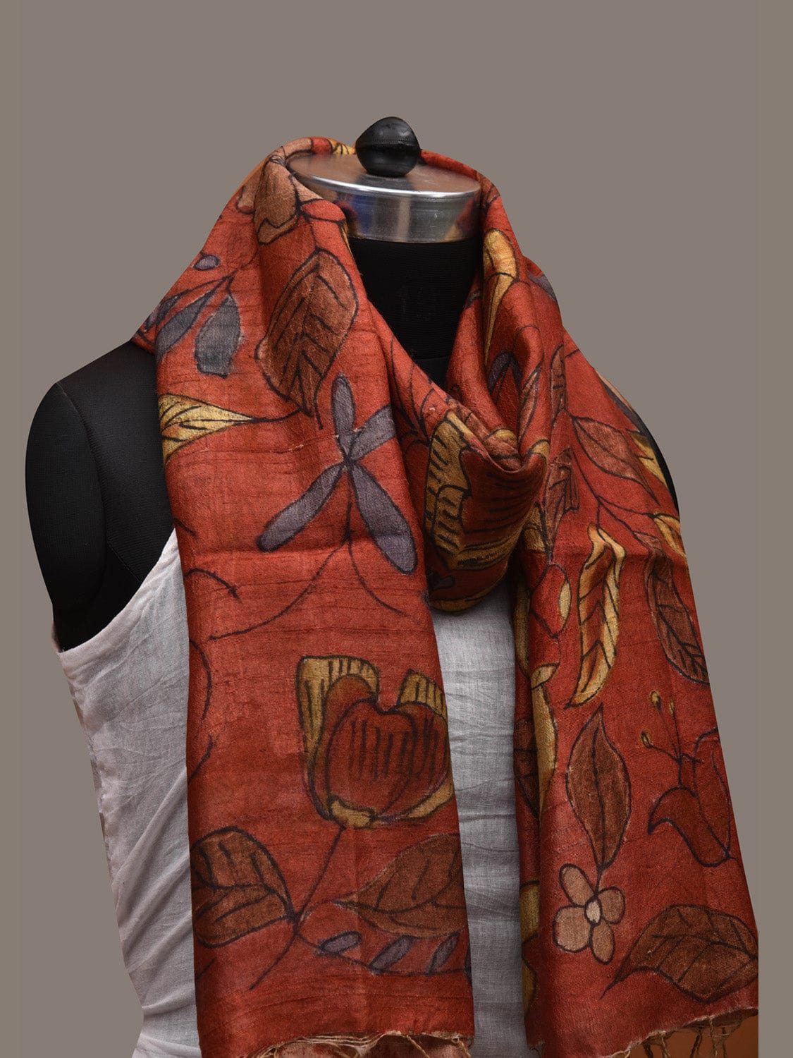 Red Kalamkari Hand Painted Tussar Handloom Stole with Floral Design ds2680