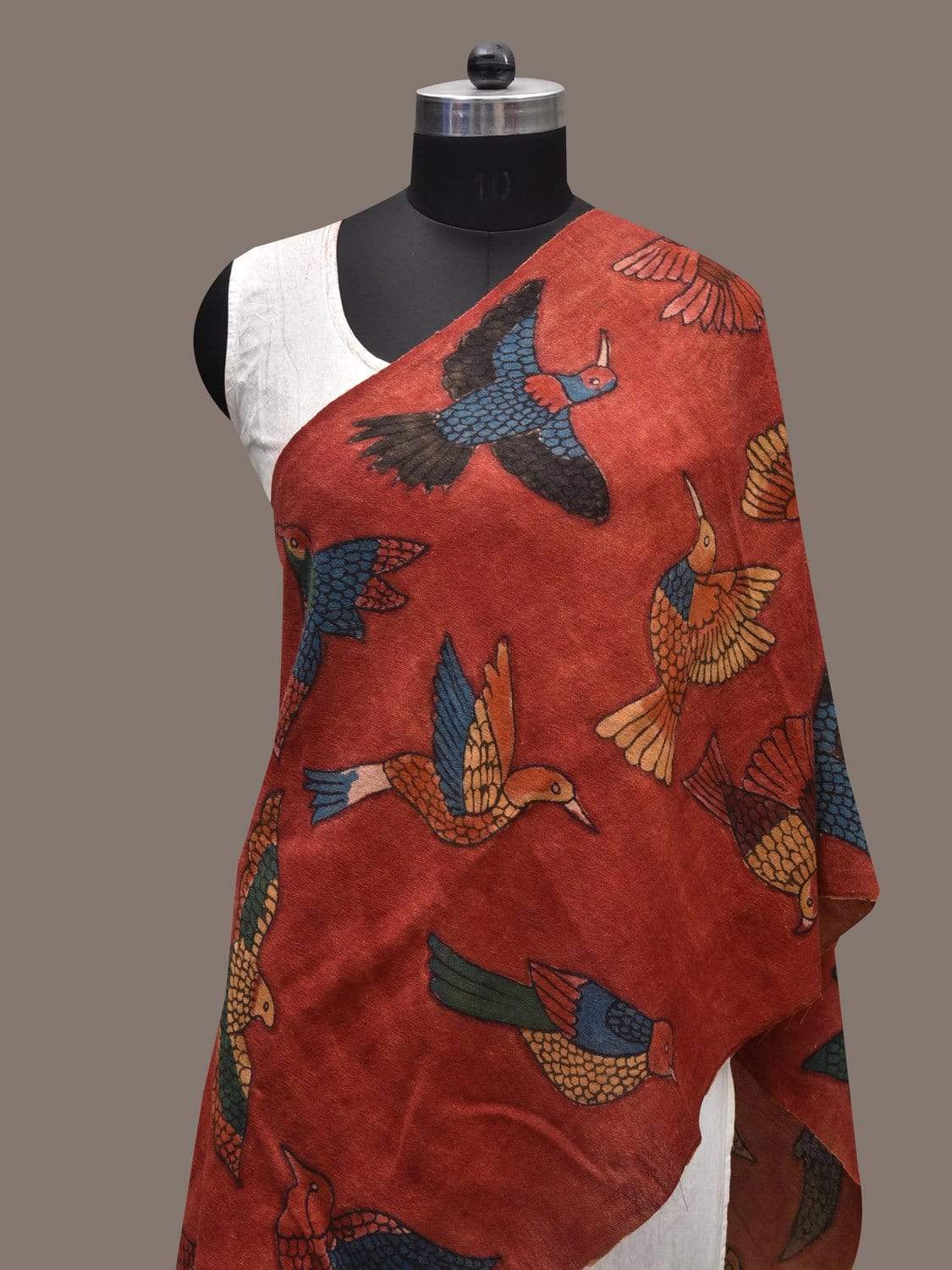 Red Kalamkari Hand Painted Woolen Stole with Birds Design ds2348