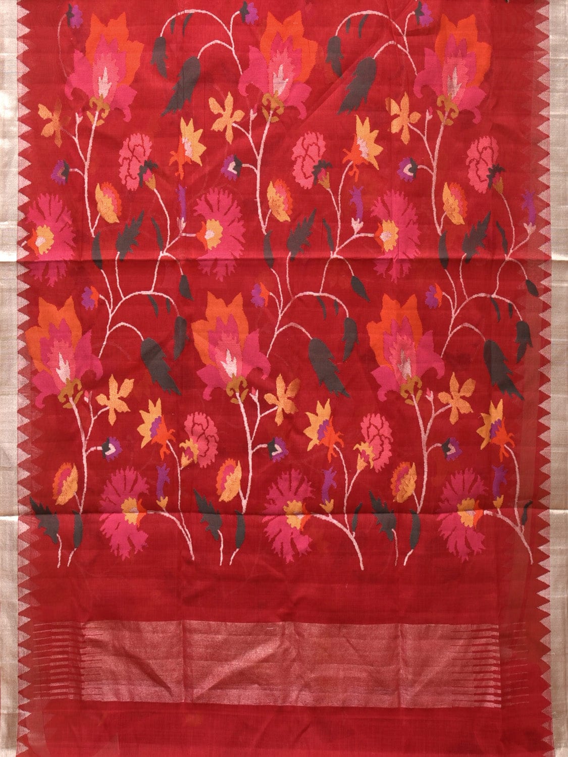 Red Khadi Cotton Handloom Saree with All Over Floral Design kh0667