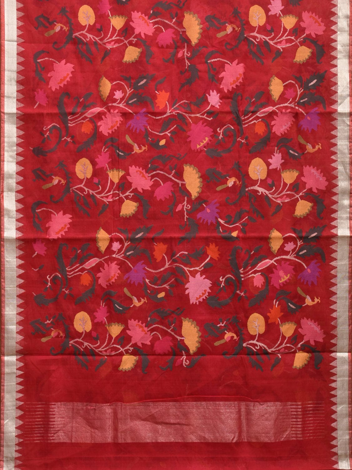 Red Khadi Cotton Handloom Saree with All Over Lotus Design kh0670