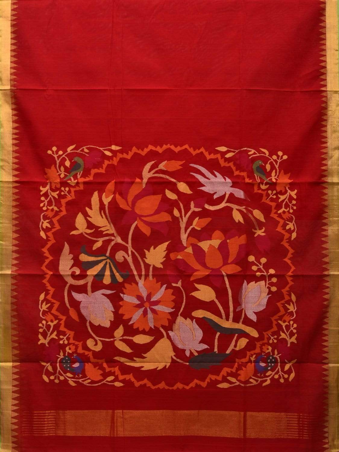 Red Khadi Cotton Handloom Saree with Floral Pallu Design kh0530