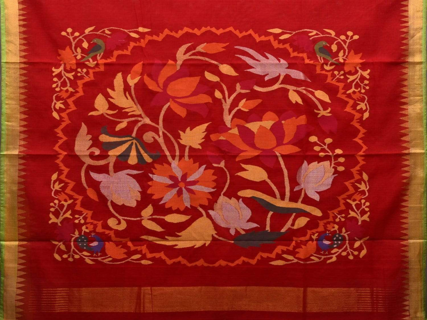 Red Khadi Cotton Handloom Saree with Floral Pallu Design kh0530