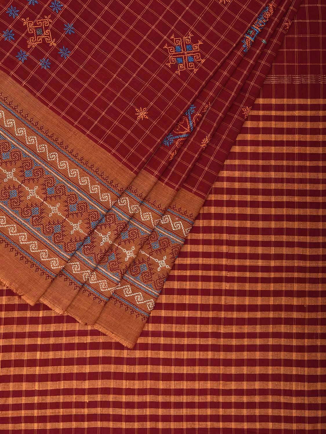 Red Narayanpet Cotton Handloom Saree with Kasuti Work and Checks Design o0647
