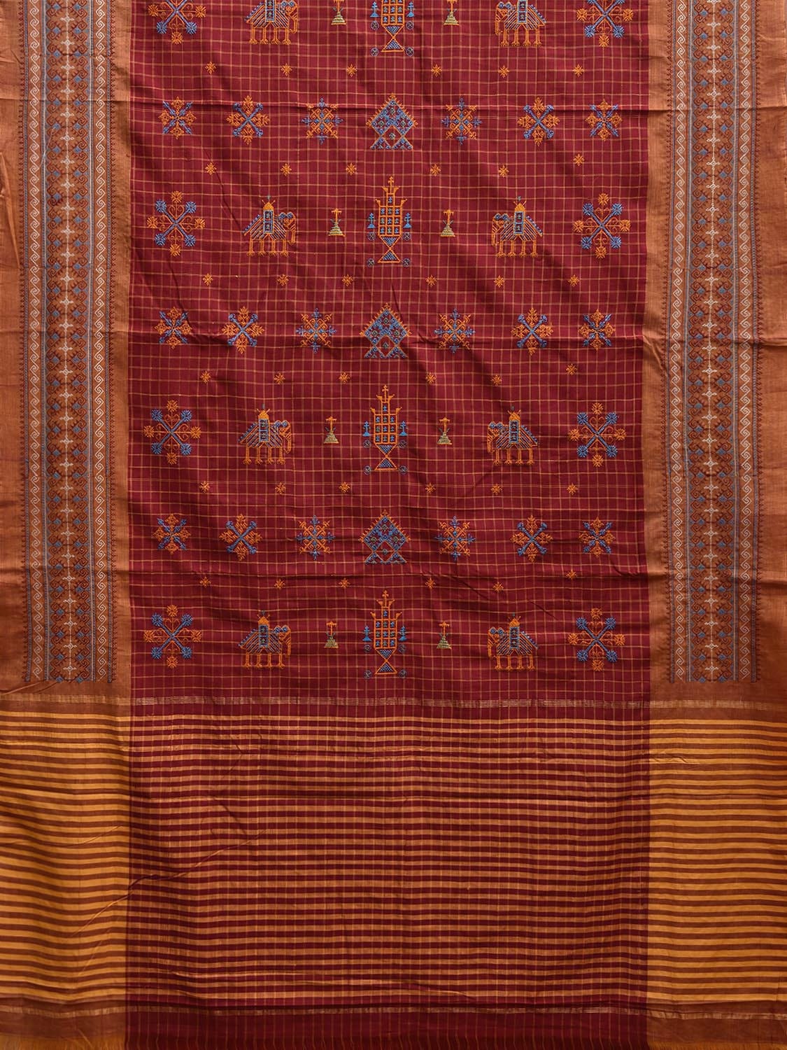 Red Narayanpet Cotton Handloom Saree with Kasuti Work and Checks Design o0647