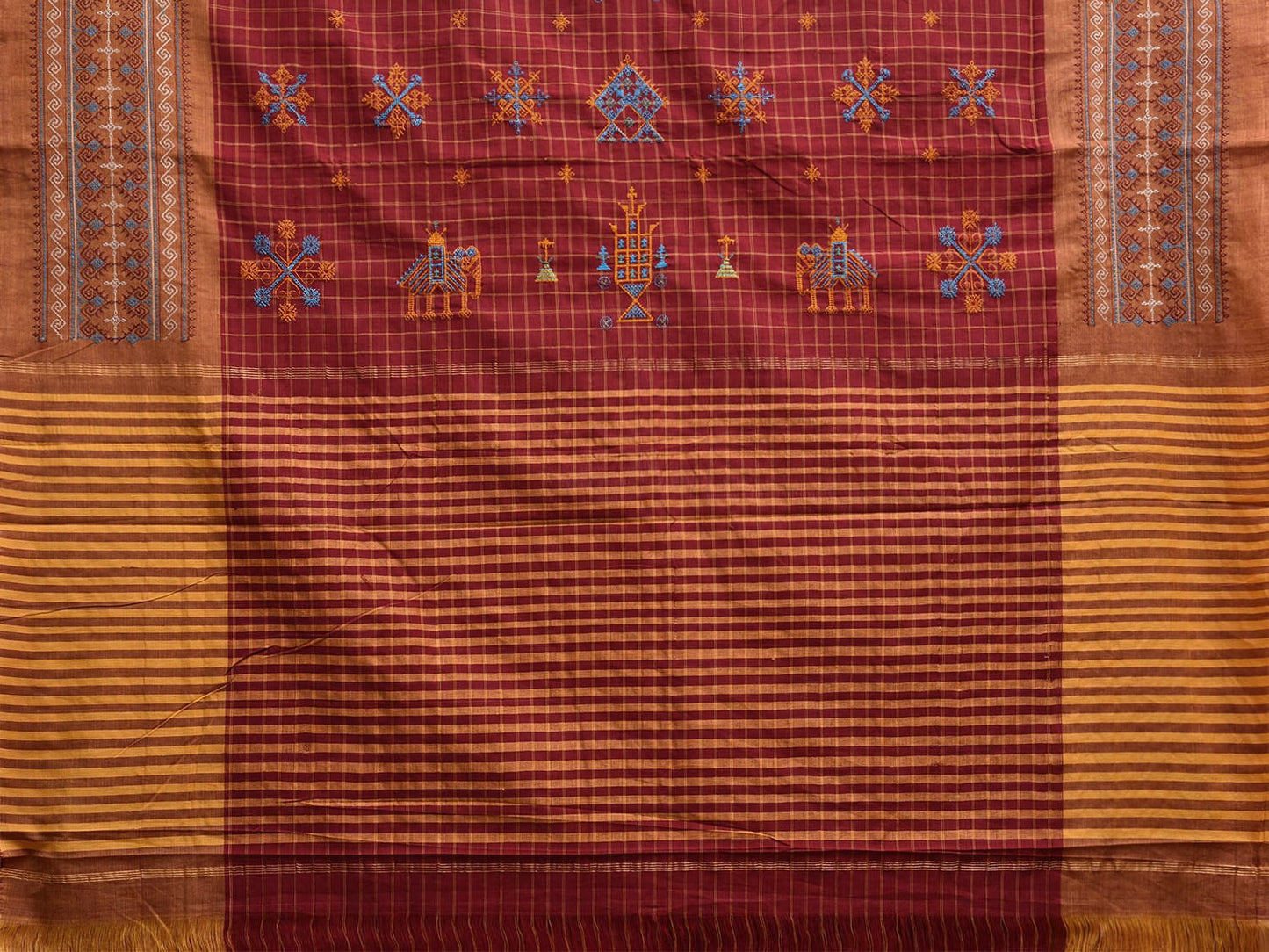Red Narayanpet Cotton Handloom Saree with Kasuti Work and Checks Design o0647