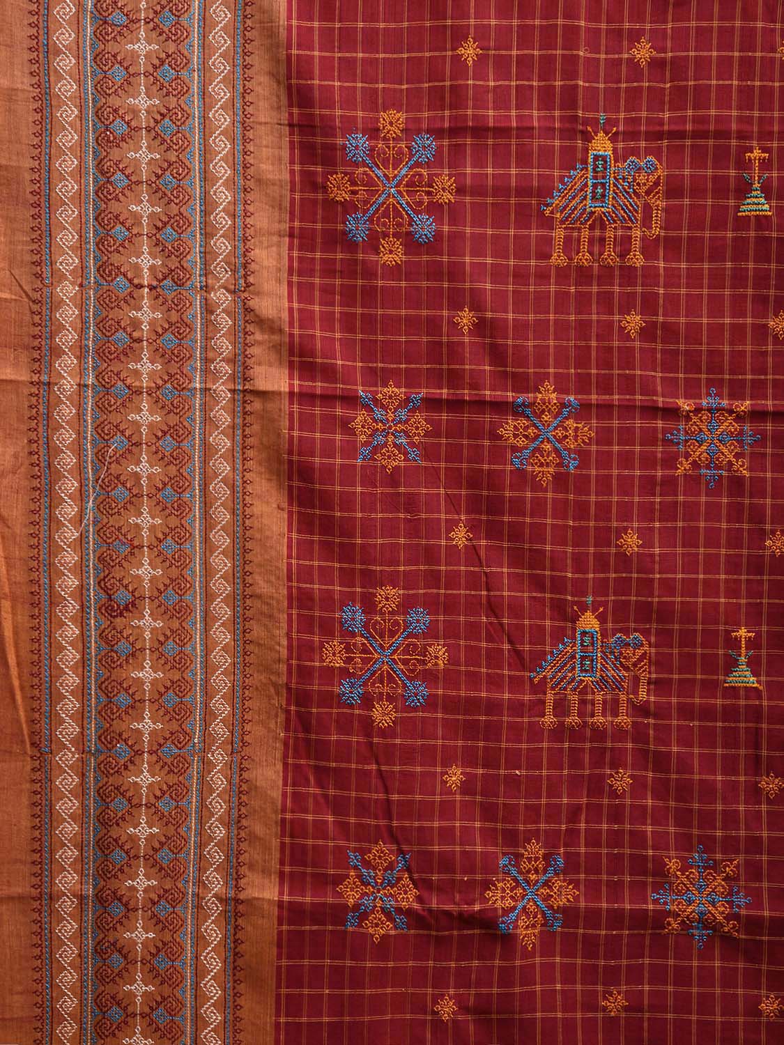 Red Narayanpet Cotton Handloom Saree with Kasuti Work and Checks Design o0647