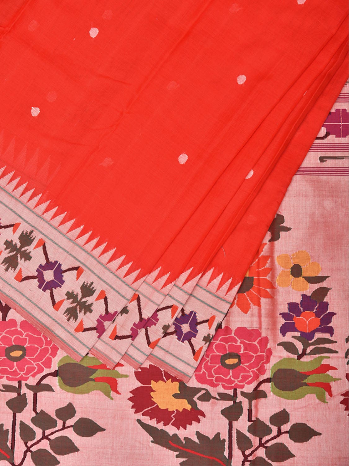 Red Paithani Cotton Handloom Saree with Aakruti Border Design p0487