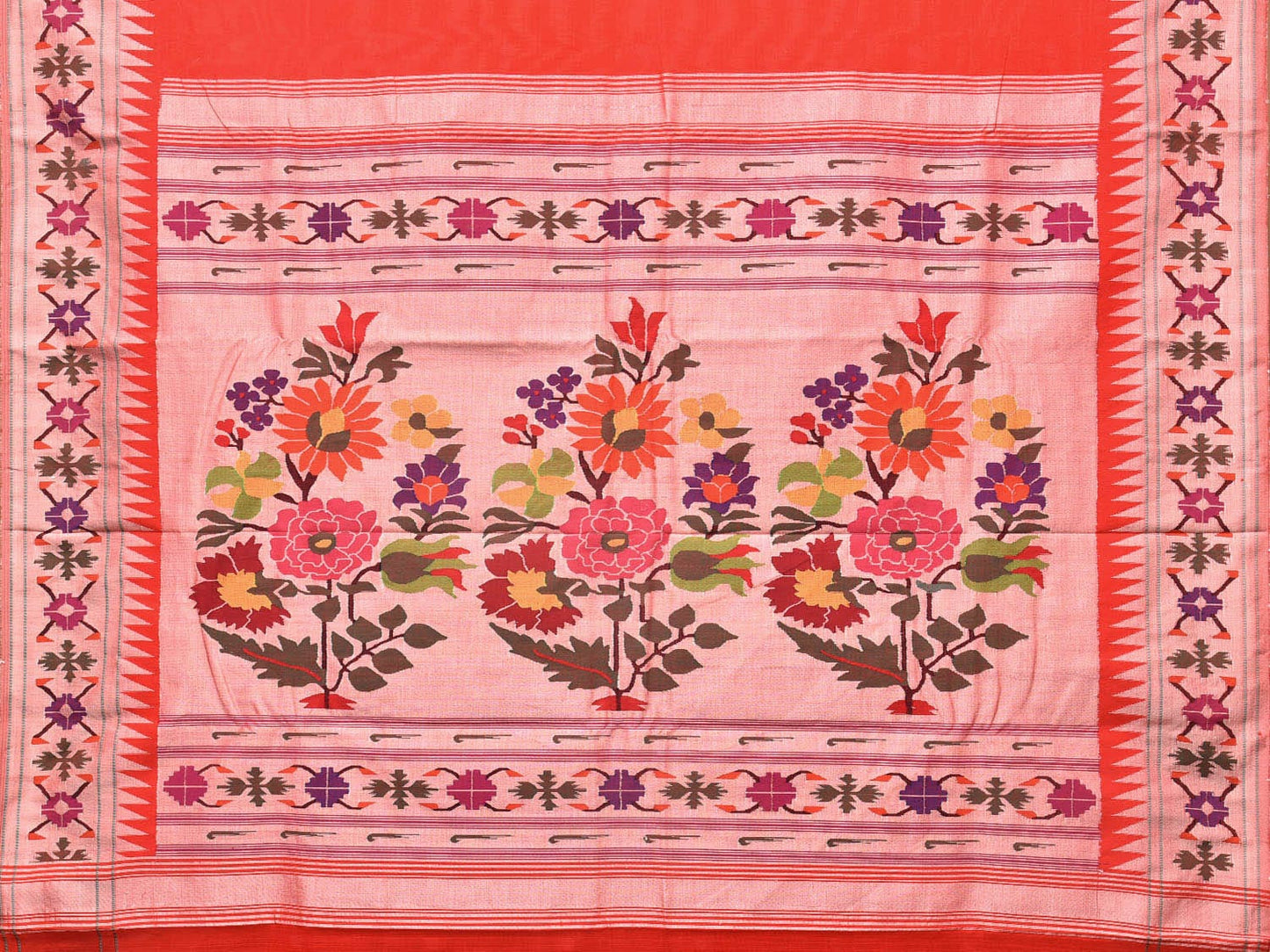 Red Paithani Cotton Handloom Saree with Aakruti Border Design p0487