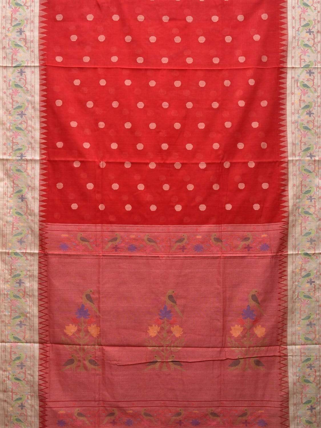 Red Paithani Cotton Handloom Saree with Parrot Border Design p0362