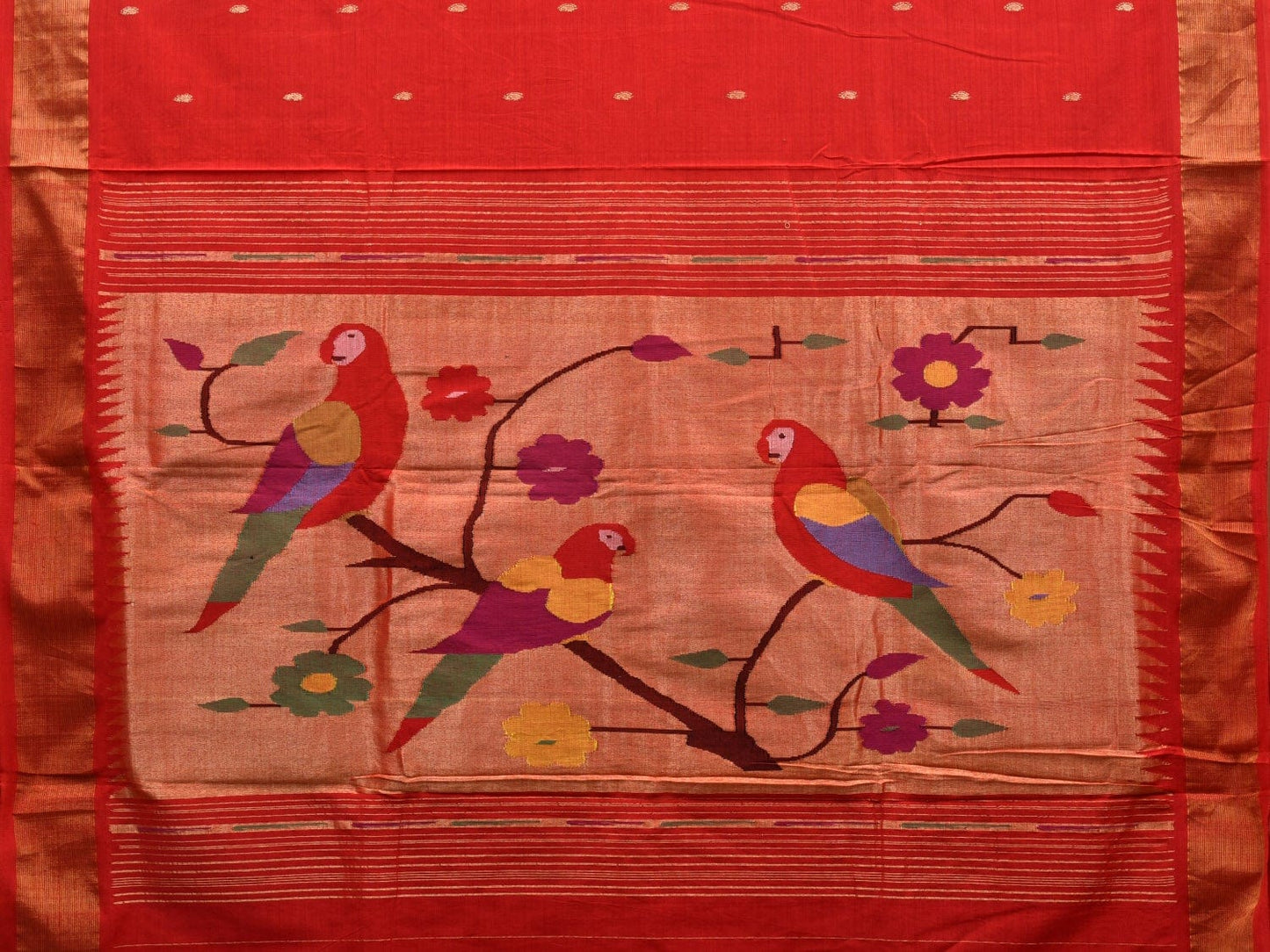 Red Paithani Cotton Handloom Saree with Parrots Pallu Design p0415