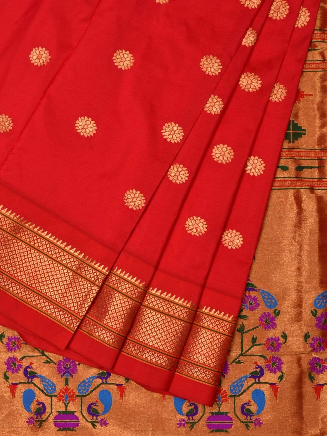 Red Paithani Silk Handloom Saree with Body Buta and Pallu Design p0377