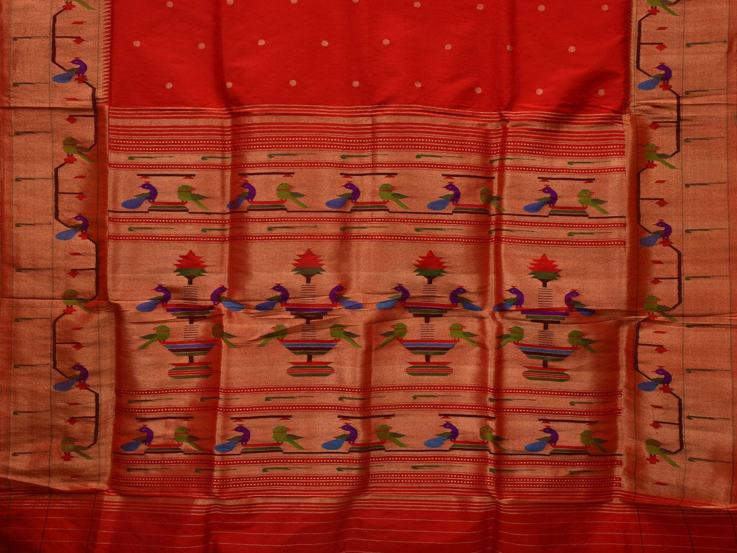 Red Paithani Silk Handloom Saree with Peacocks and Parrots Border Design p0466