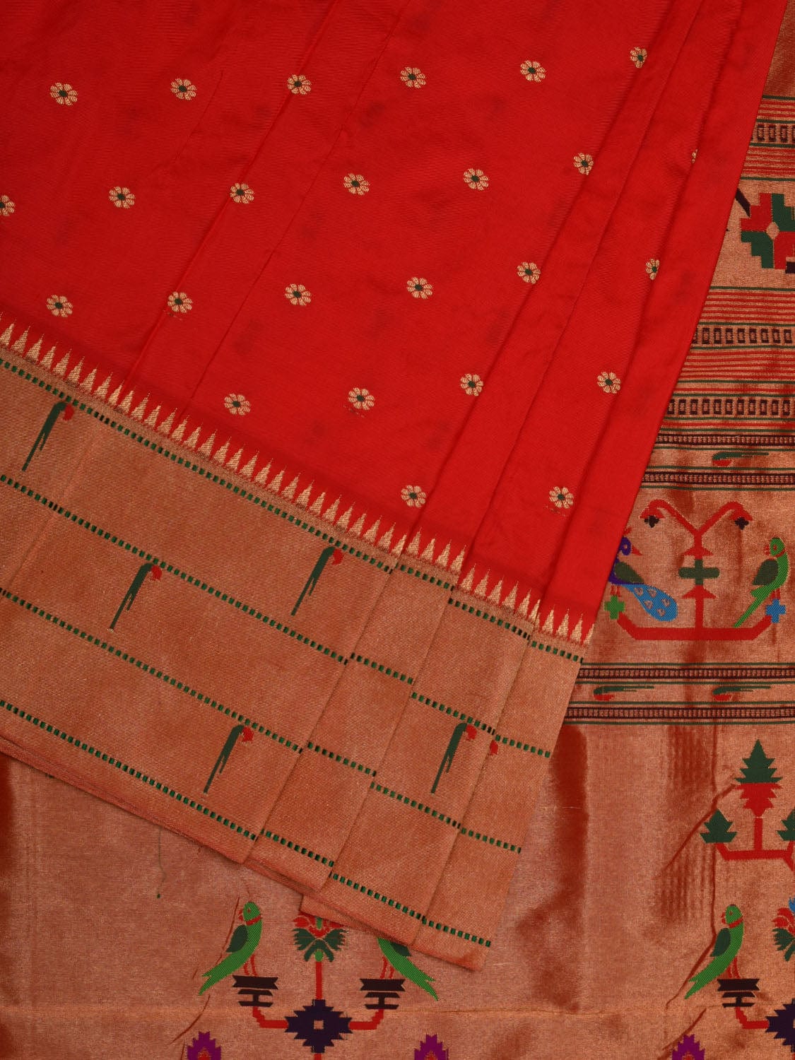 Red Paithani Silk Handloom Saree with Triple Muniya Border Design p0435