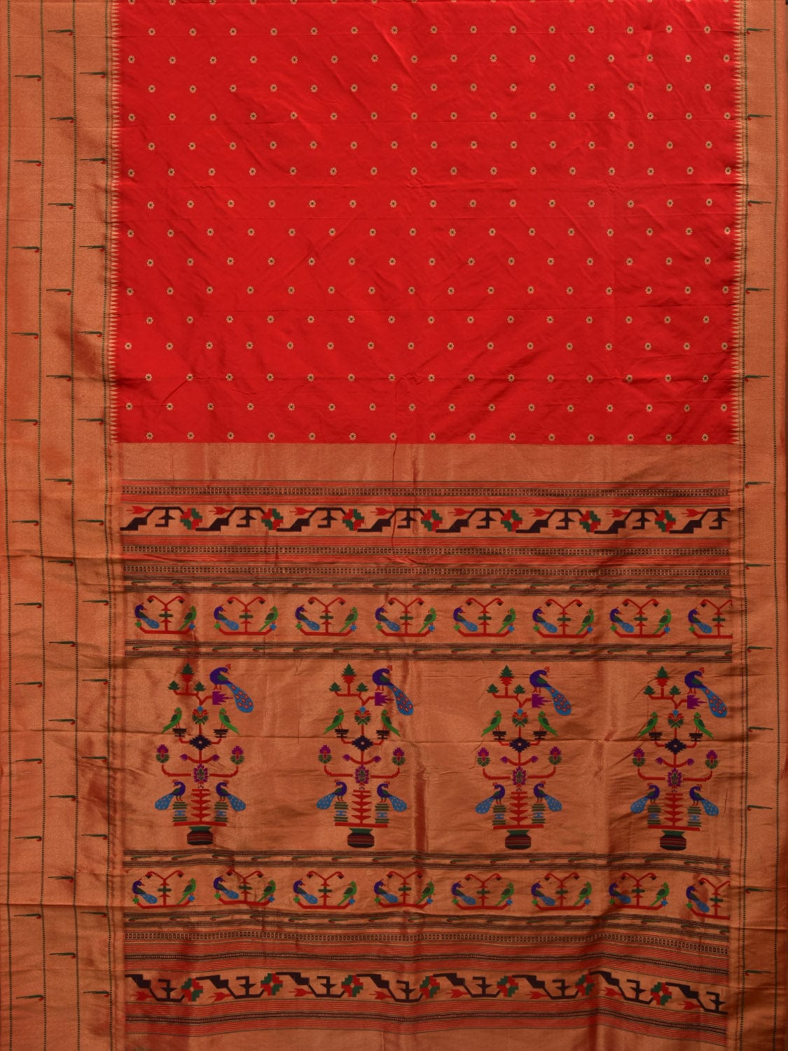 Red Paithani Silk Handloom Saree with Triple Muniya Border Design p0435