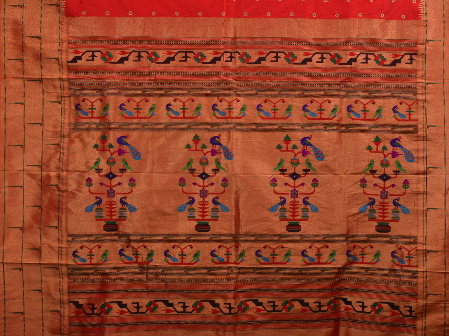 Red Paithani Silk Handloom Saree with Triple Muniya Border Design p0435