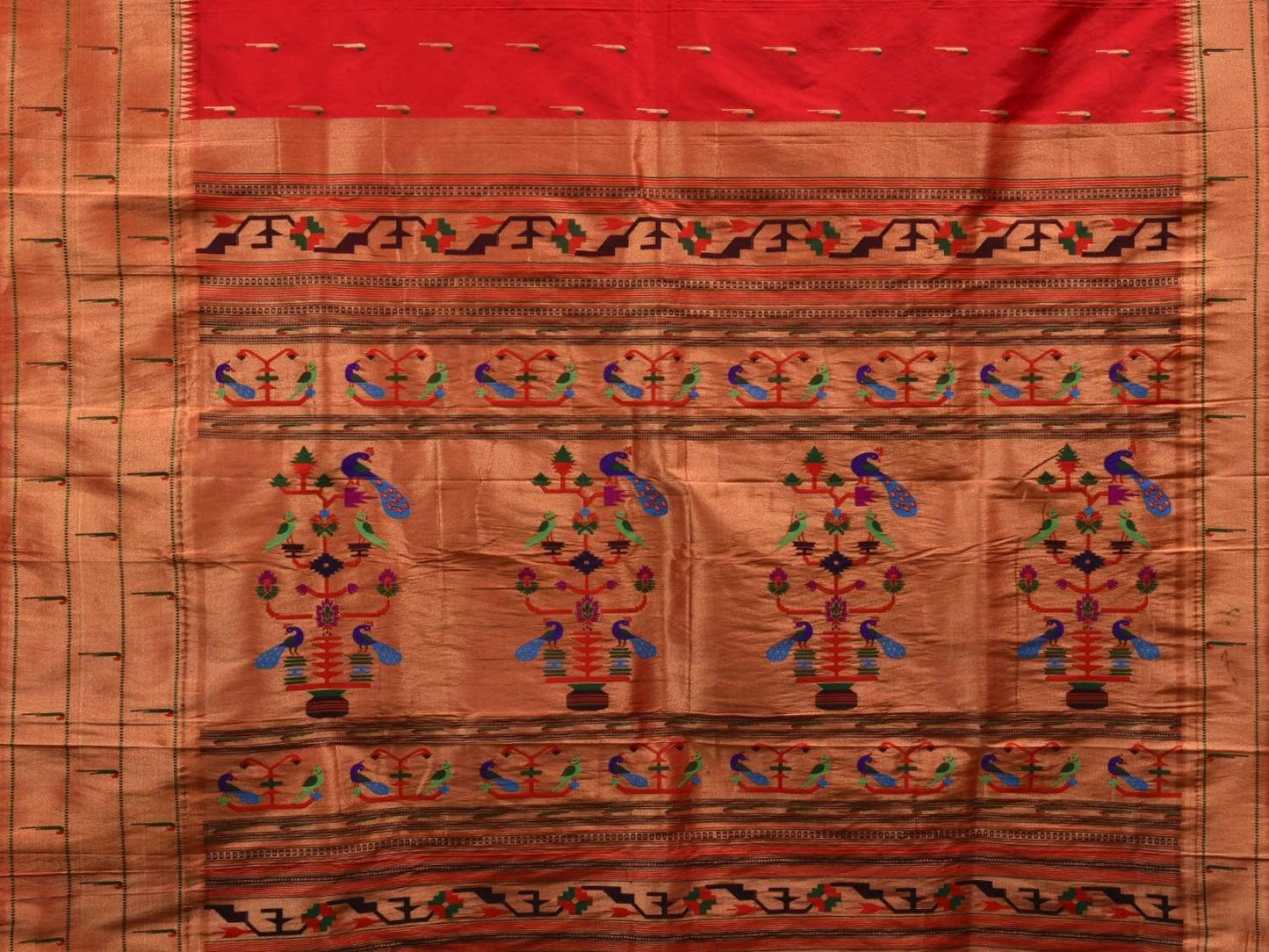 Red Paithani Silk Handloom Saree with Triple Muniya Border Saree p0367