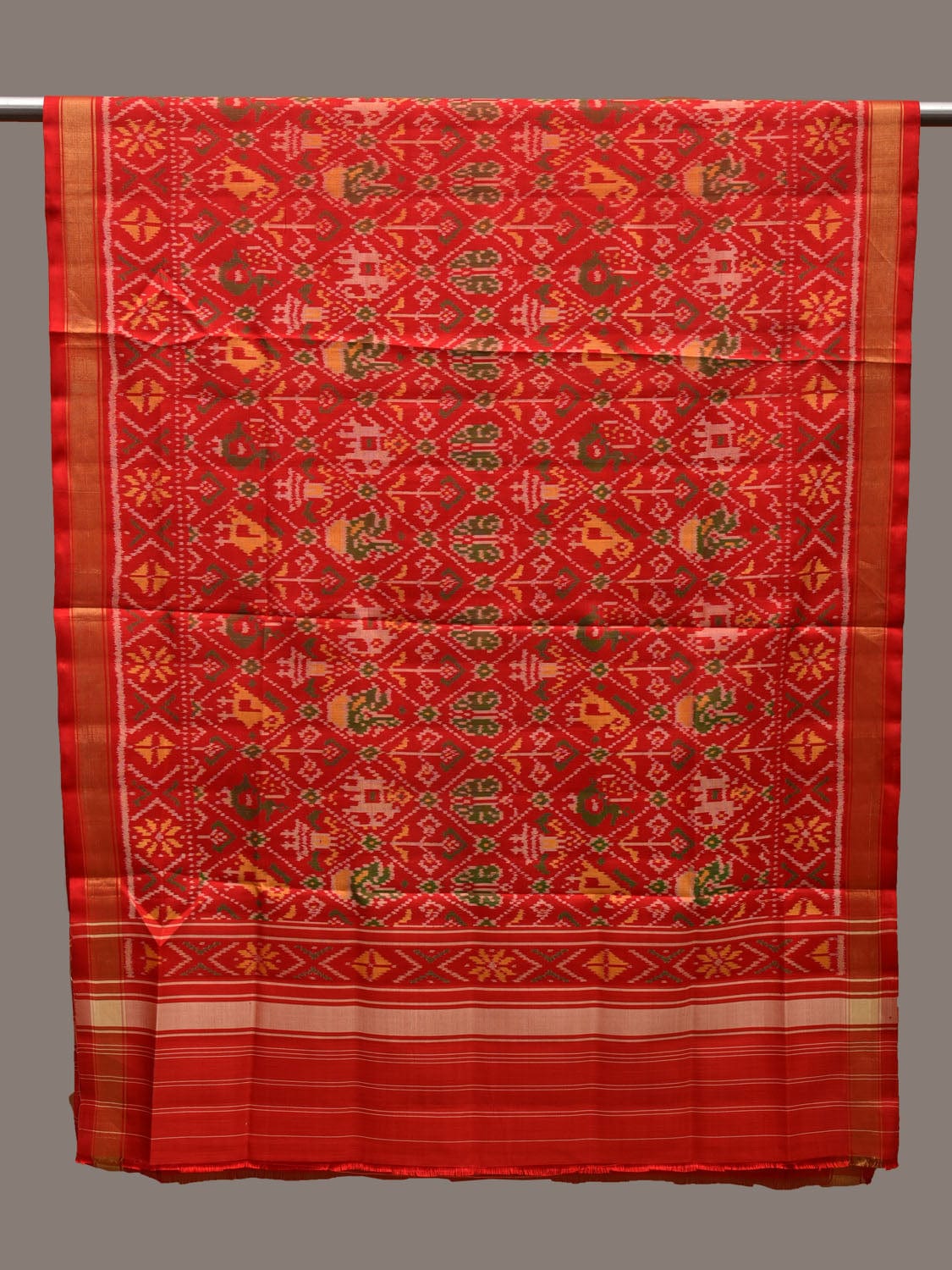 Red Pochampally Ikat Silk Handloom Dupatta with Parrot and Elephant Design ds2663