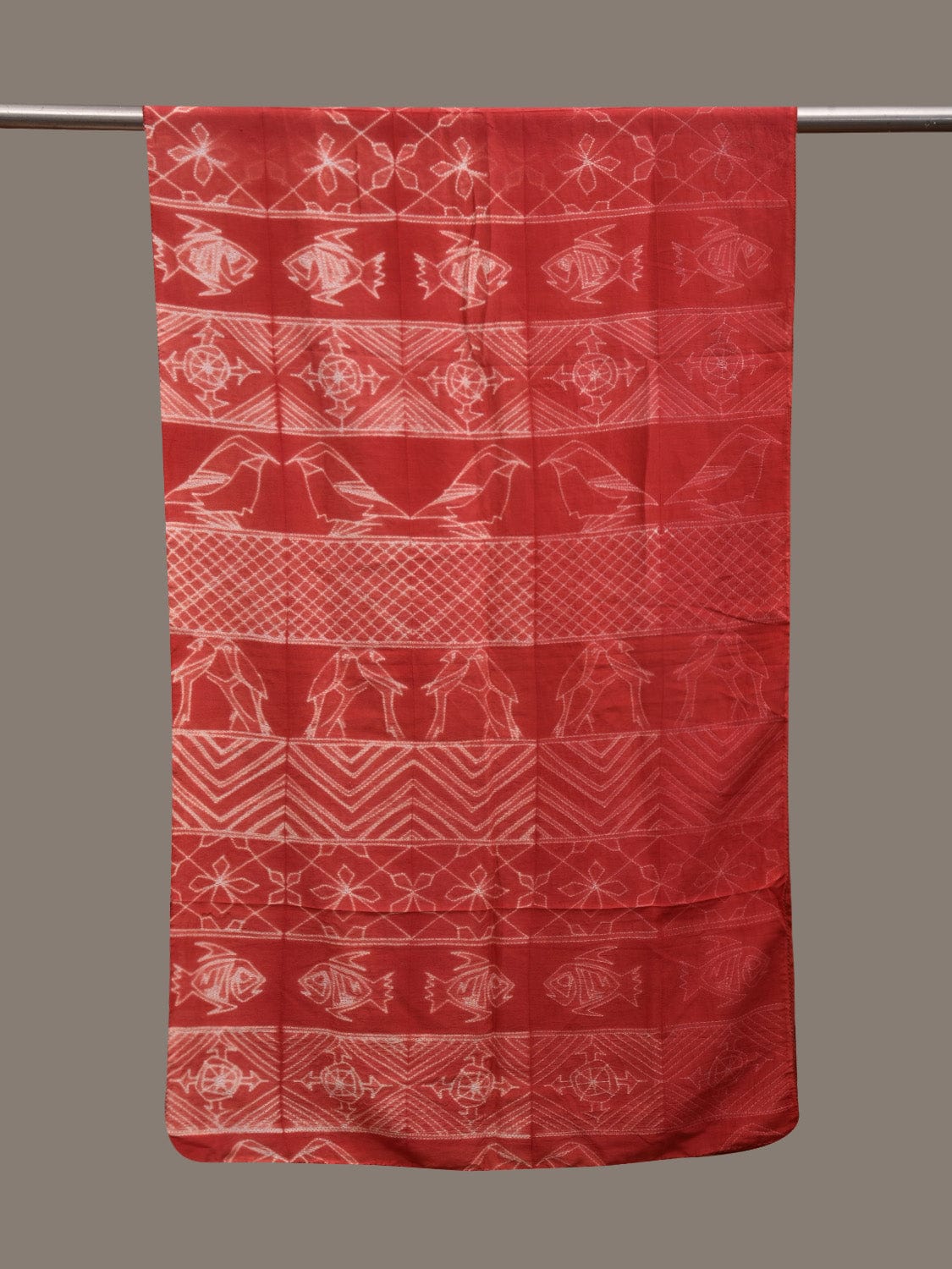 Red Shibori Cotton Silk Handloom Stole with Fish and Birds Design ds2941