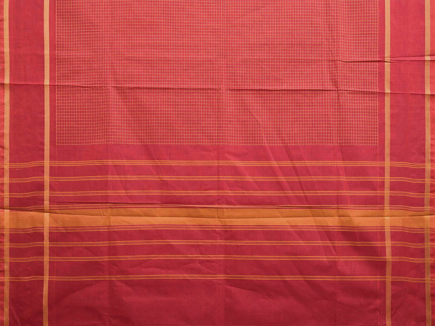Red Venkatagiri Cotton Saree with Checks and Strips Pallu Design v0078