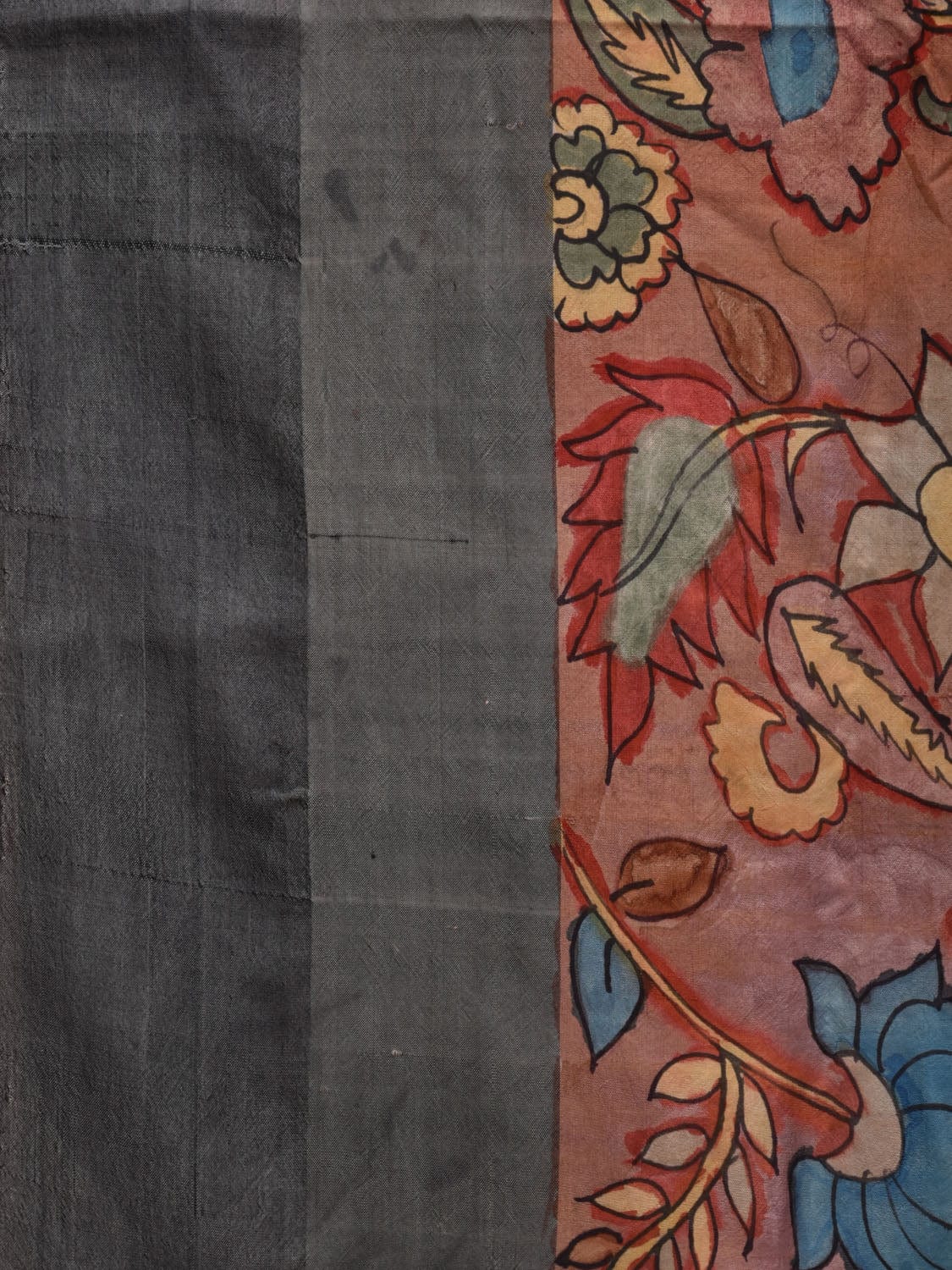 Rust and Black Kalamkari Hand Painted Gadwal Silk Handloom Saree with Floral Design KL0663