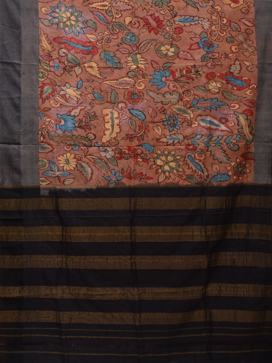 Rust and Black Kalamkari Hand Painted Gadwal Silk Handloom Saree with Floral Design KL0663