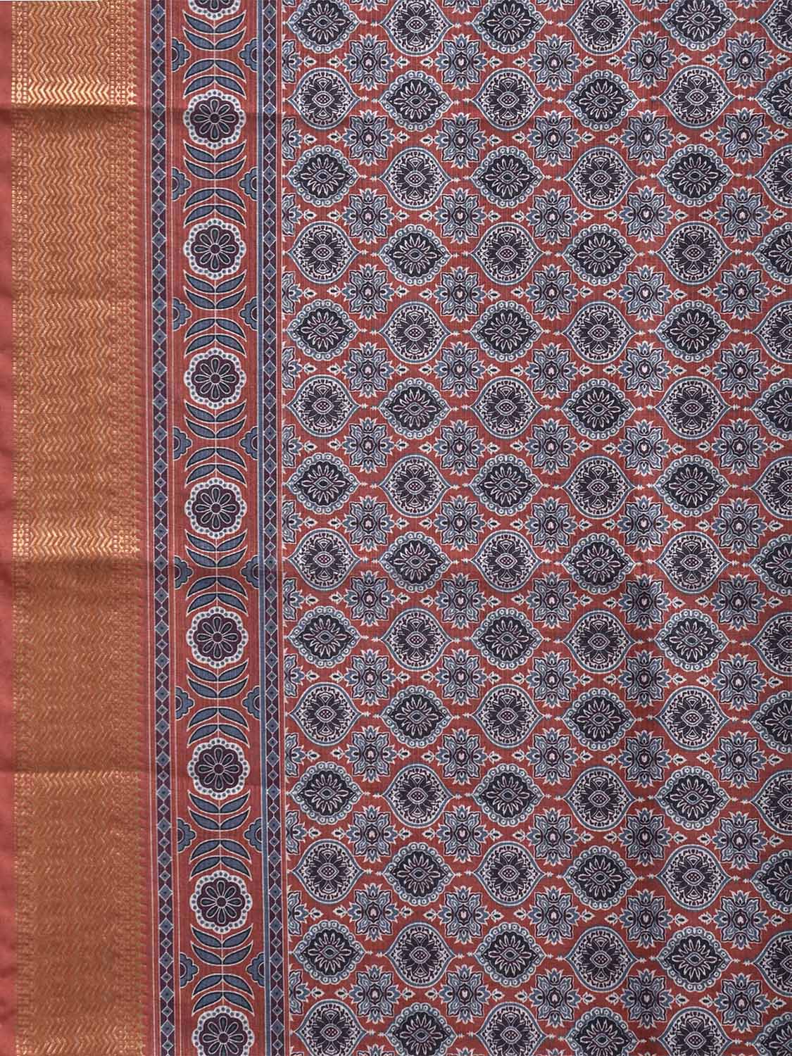 Rust and Blue Bamboo Cotton Saree with DIgital Print Design bc0842