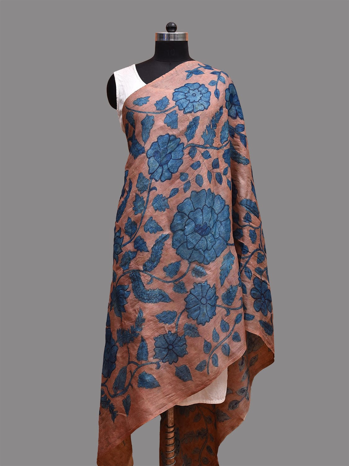 Rust and Blue Kalamkari Hand Painted Tussar Handloom Dupatta with Floral Design ds3670