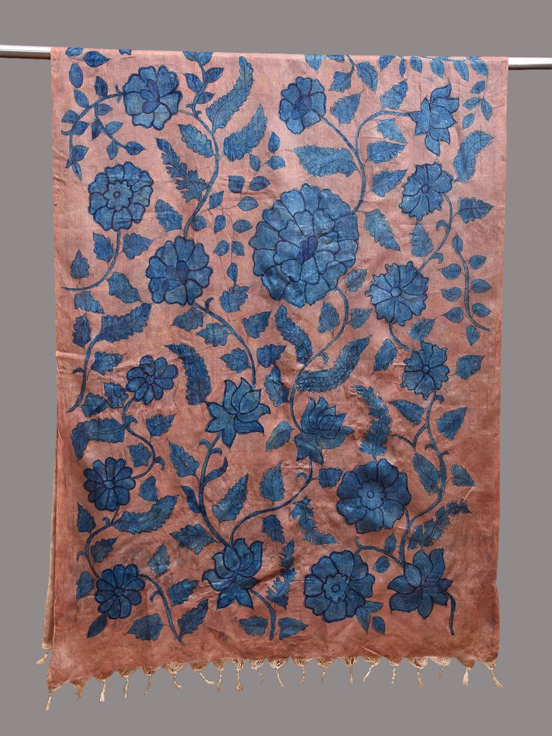 Rust and Blue Kalamkari Hand Painted Tussar Handloom Dupatta with Floral Design ds3670