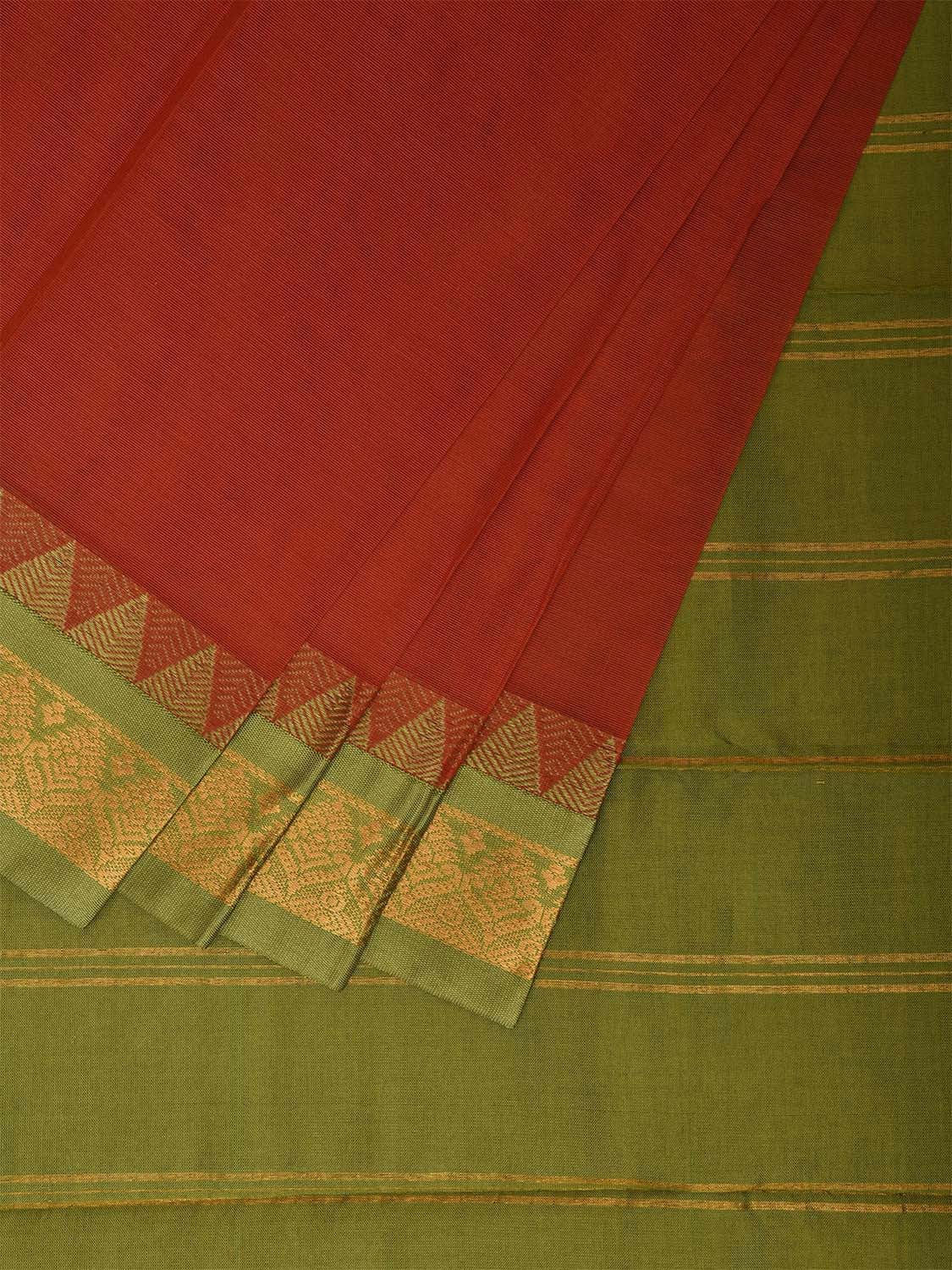 Rust and Green Gadwal Cotton Plain Saree with Strips and Contrast Pallu Design No Blouse g0461