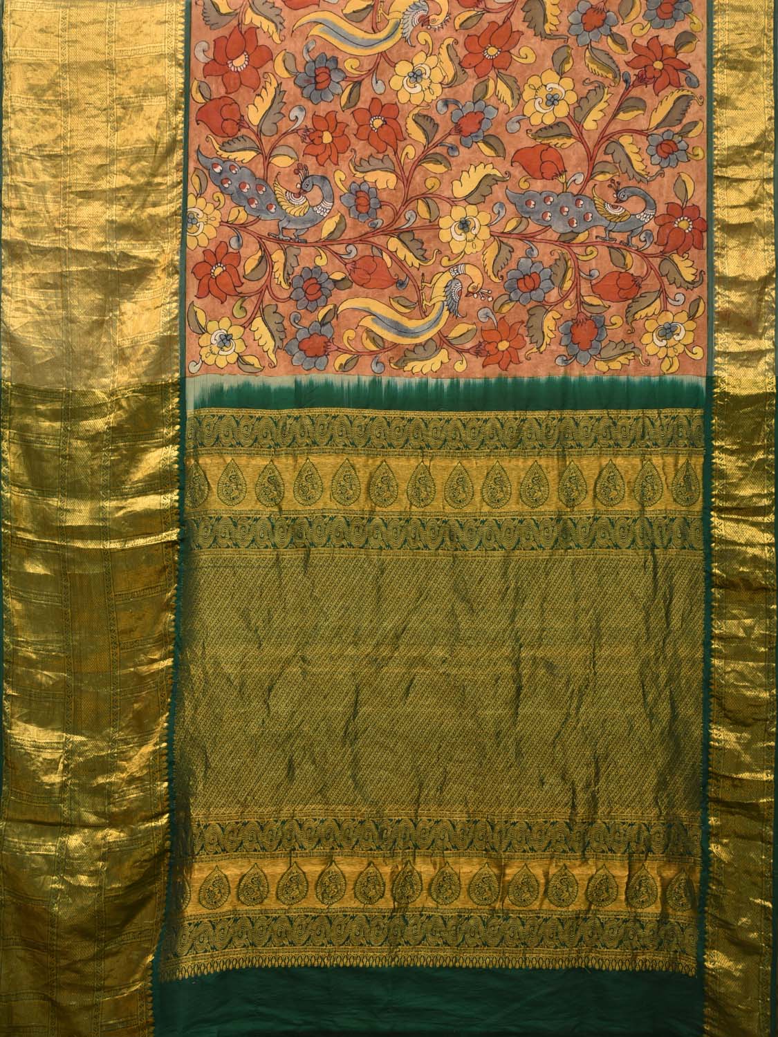 Rust and Green Kalamkari Hand Painted Kanchipuram Silk Handloom Saree with Flowers and Peacocks Design KL0431