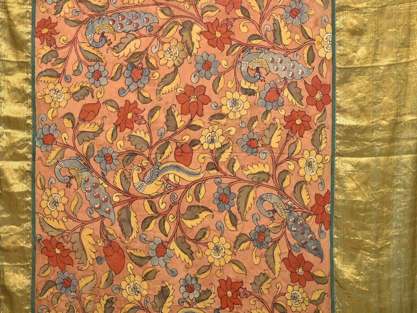 Rust and Green Kalamkari Hand Painted Kanchipuram Silk Handloom Saree with Flowers and Peacocks Design KL0431