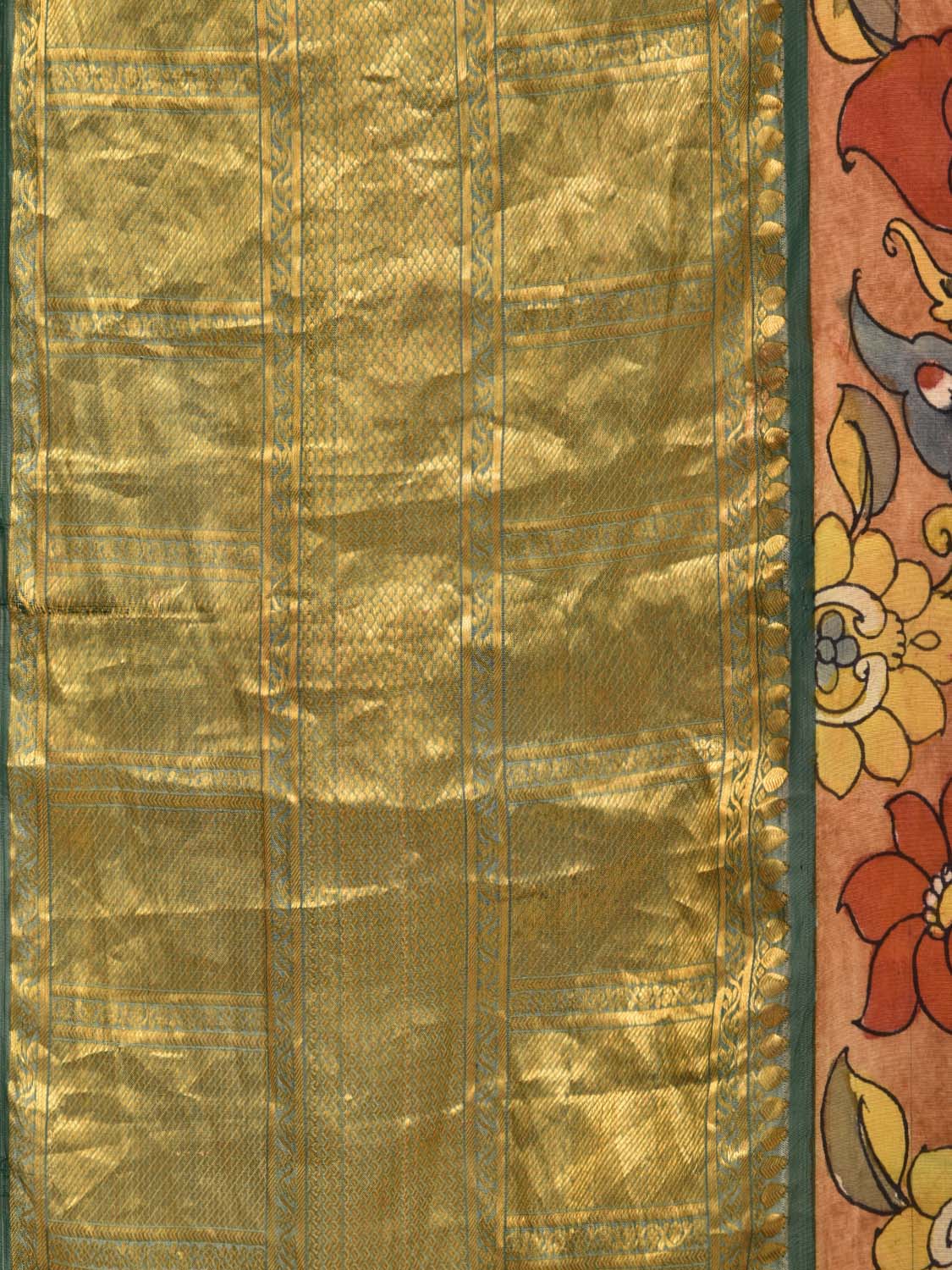 Rust and Green Kalamkari Hand Painted Kanchipuram Silk Handloom Saree with Flowers and Peacocks Design KL0431