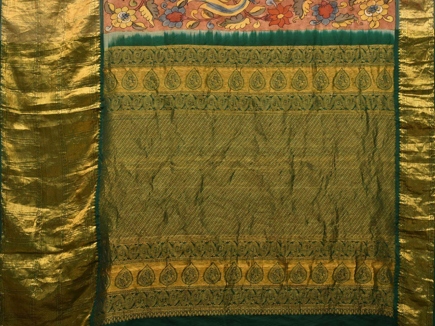 Rust and Green Kalamkari Hand Painted Kanchipuram Silk Handloom Saree with Flowers and Peacocks Design KL0431