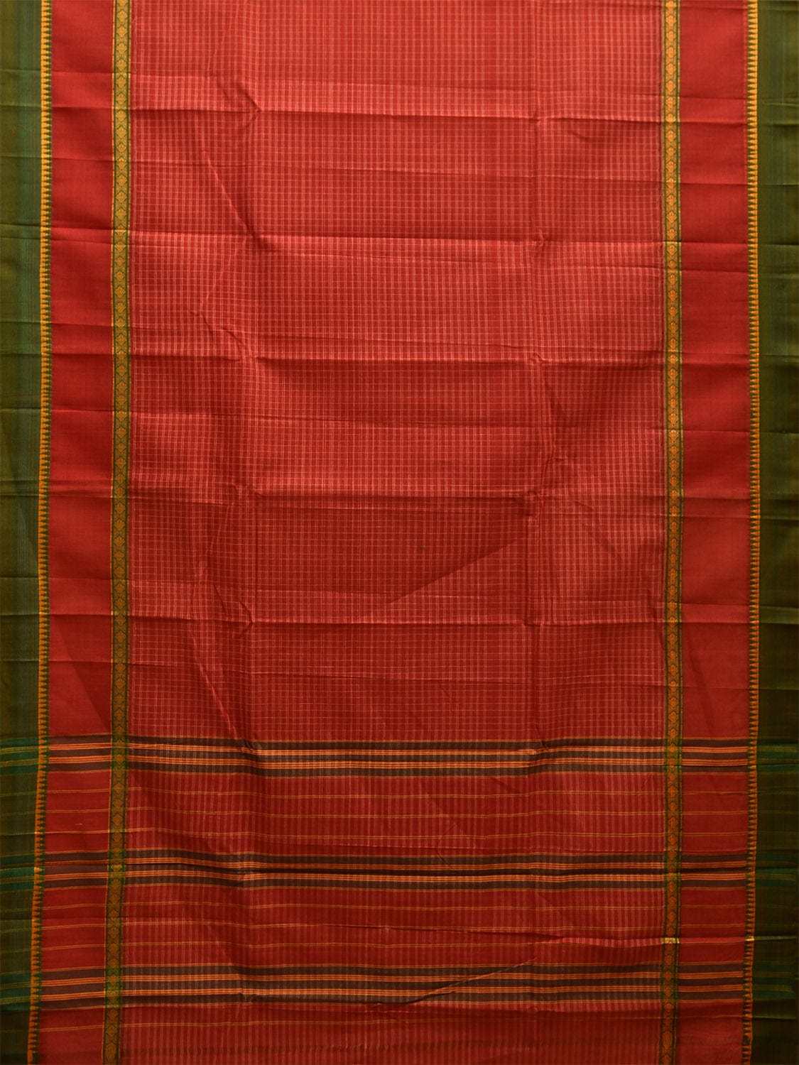Rust and Green Narayanpet Cotton Handloom Saree with Checks Design and Big Border No Blouse np1024