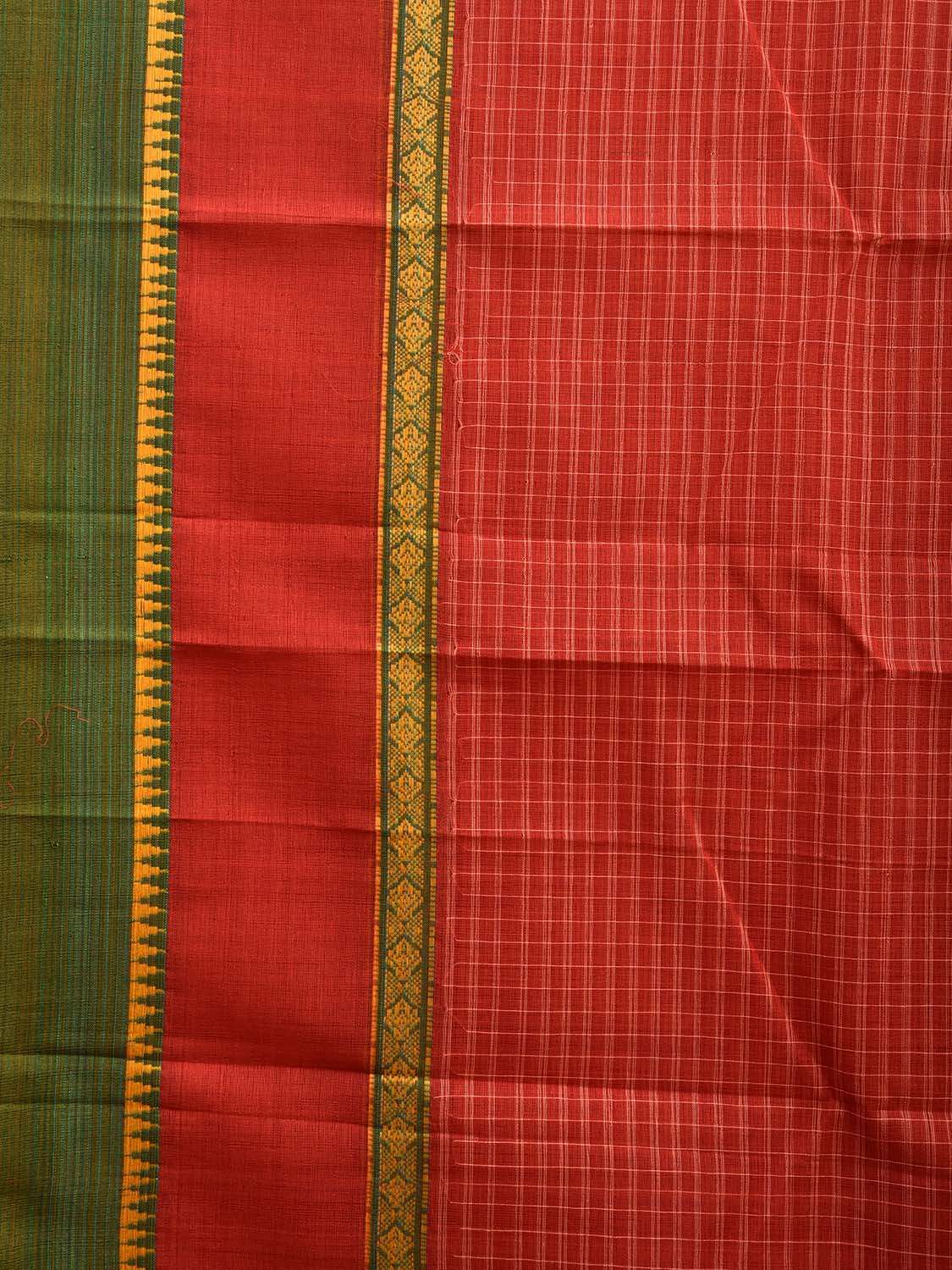 Rust and Green Narayanpet Cotton Handloom Saree with Checks Design and Big Border No Blouse np1024