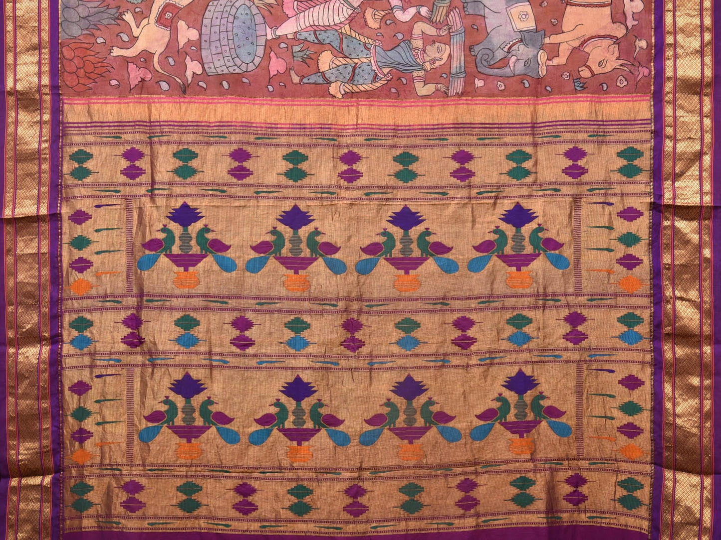 Rust and Purple Kalamkari Hand Painted Paithani Silk Handloom Saree with Village Theme Design KL0747