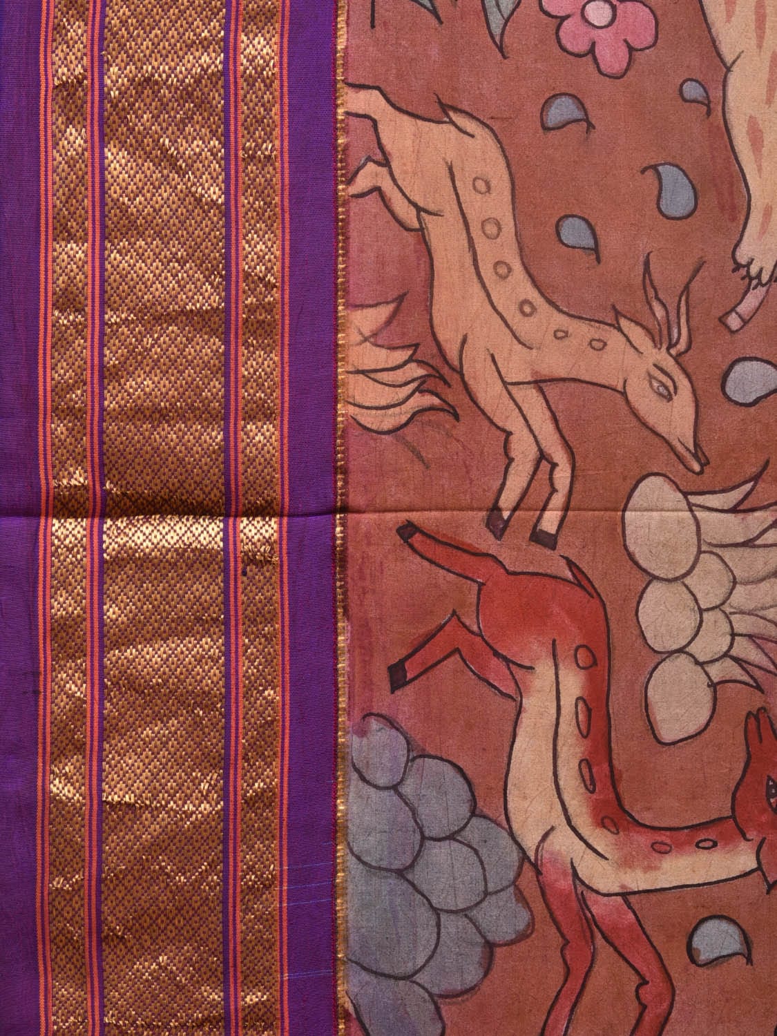 Rust and Purple Kalamkari Hand Painted Paithani Silk Handloom Saree with Village Theme Design KL0747