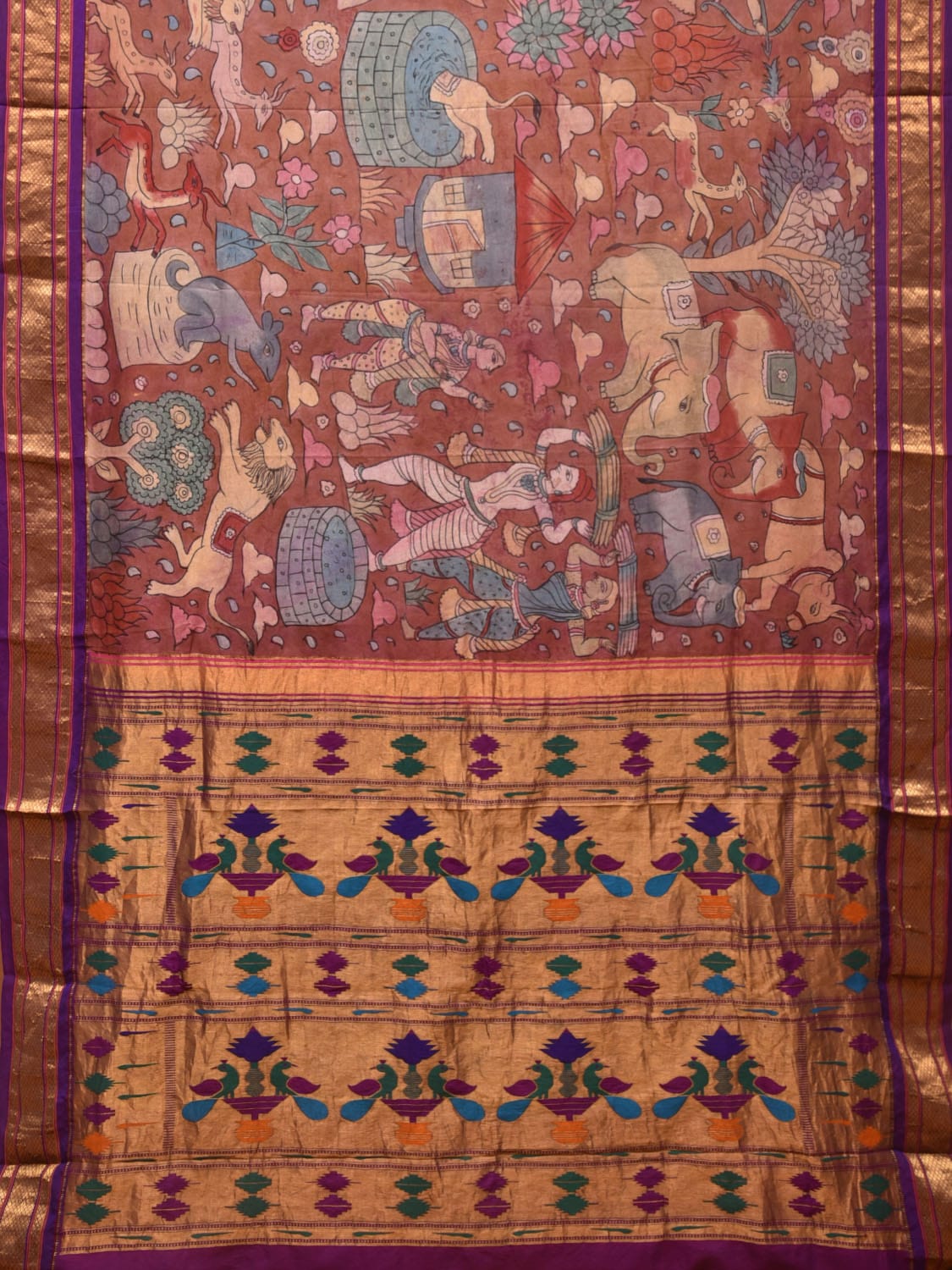 Rust and Purple Kalamkari Hand Painted Paithani Silk Handloom Saree with Village Theme Design KL0747