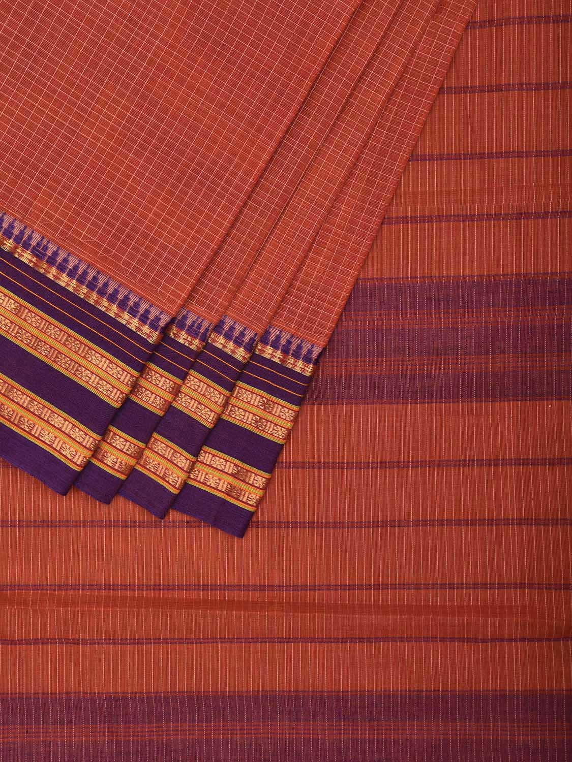 Rust and Purple Narayanpet Cotton Handloom Saree with Checks Design No Blouse np1068